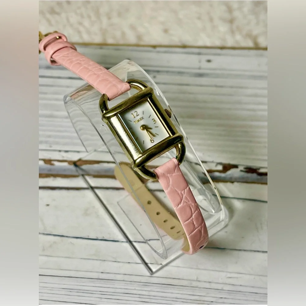 NEW BATTERY Y2K Timex Women’s Watch Pink Rose Leather Band Minimalist Gold‎ Tone